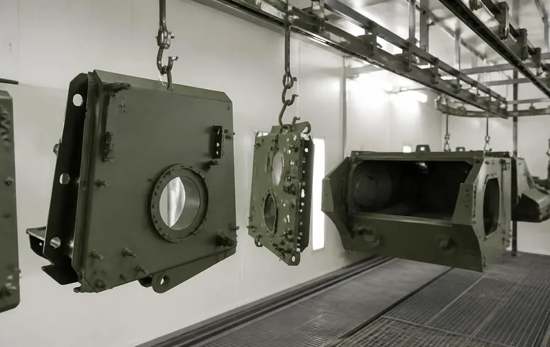 Pièces de char peintes en vert militaire sur la chaîne de peinture