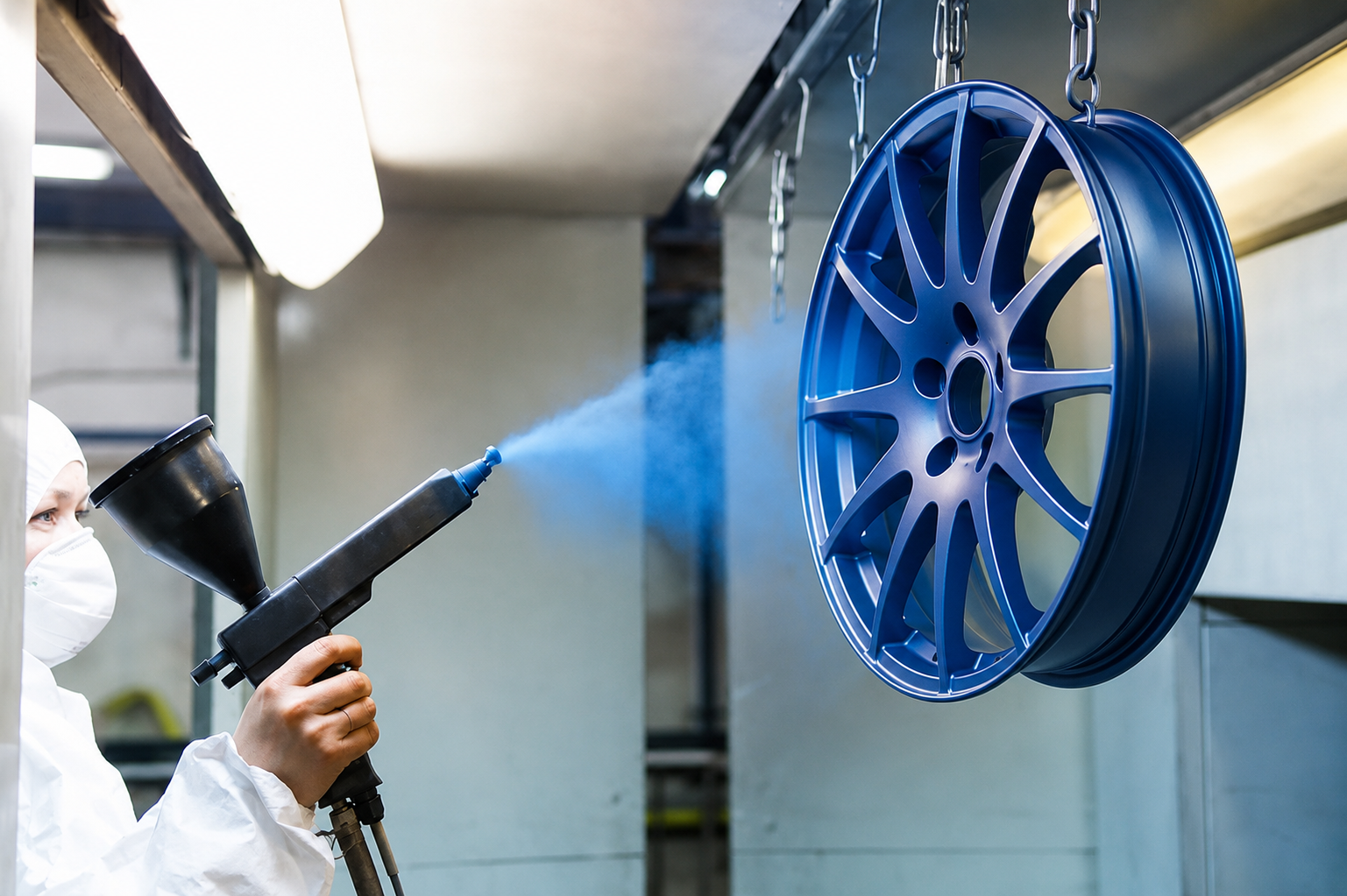 Pulvérisation de peinture bleue au pistolet sur une jante automobile en thermolaquage